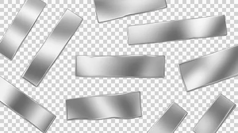 Scattered metallic rectangles with shiny surfaces on transparent grid backg.. Illustrazione stock