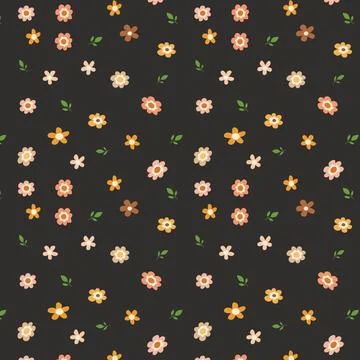 Scattered Mini Floral Seamless Pattern Retro Cute Small Flower on dark Back.. Stock Illustration