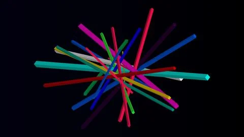 Scattered multicolored 3D rods on black background with abstract art, scatter Stock Illustration