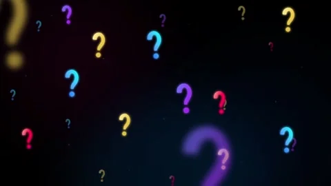 Scattered neon question marks on a dark blue background with bokeh 動画素材 335826304
