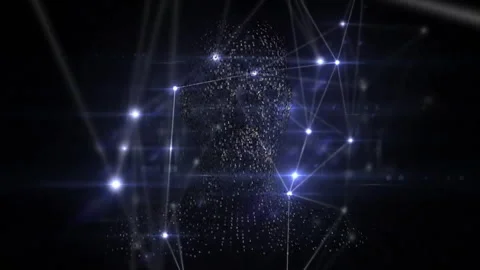 Scattered nodes coalescing into head, pulsating center node then scattering to Video stock 310141156