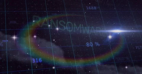 Scattered numbers starting holo grid showing RANSOMWARE forming halo shifting Stock Footage 329533242