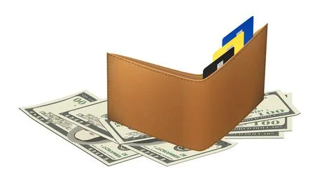 Scattered paper 100 us dollars banknotes and wallet with bank plastic cards Illustrazione stock