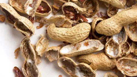 Scattered peanut leftovers. Nut shells on a dinner plate Video stock 309609974