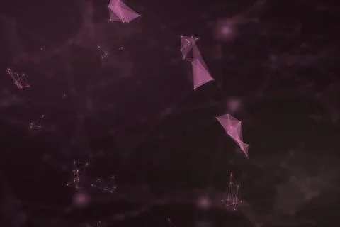Scattered pink polygon fragments hover in a moody burgundy space, creating .. Illustrazione stock