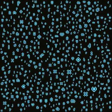 Scattered Pixel Font Letters Pattern on Black Background - Pixel Art Vector Stock Illustration