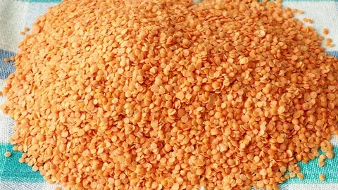 Scattered red lentils on checkered cloth Stock Footage 87215904