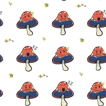 Scattered seamless pattern with retro groovy mushroom cartoon characters: smi 스톡 일러스트