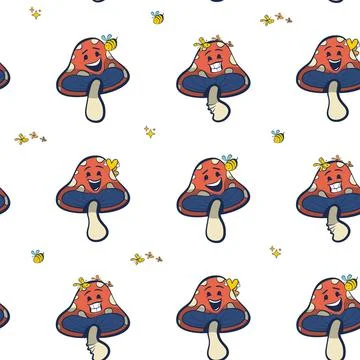 Scattered seamless pattern with retro groovy happy mushroom cartoon character Ilustración de archivo