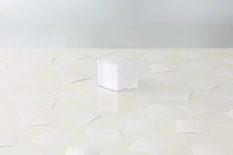 Scattered sheets of paper around a stack of paper in plastic container Foto stock