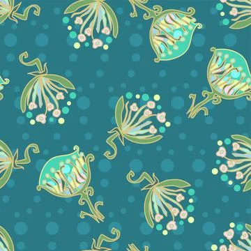 Scattered Spring Flower Spray pattern In Teals, Aquas And Pinks With A Polka  Stock Illustration