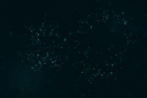 Scattered teal points and delicate geometric links drift through a dark atm.. Stock Illustration