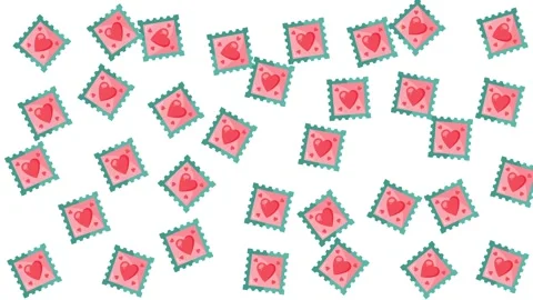 Scattered Valentine Postage Stamps with Red Heart Pattern on White Background Stock Footage 345539643