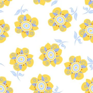Scattered Vibrant Art Floral Vector Seamless Pattern Tile In Yellow, Blue And Stock Illustration