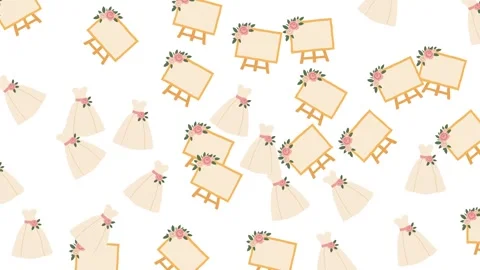 Scattered wedding pattern with elegant bridal gowns and floral welcome boards Stock Footage 345539956