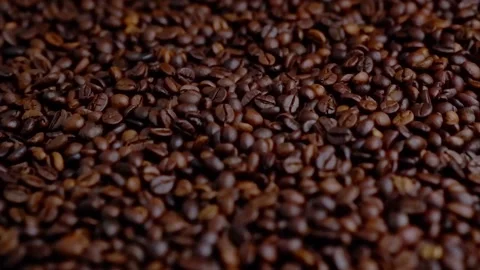 A scattering of coffee beans close-up. Camera movement along the coffee beans. Stock Footage 168828344