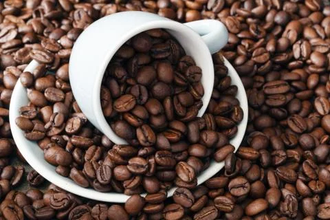 Scattering of coffee beans with cup Stock Photos