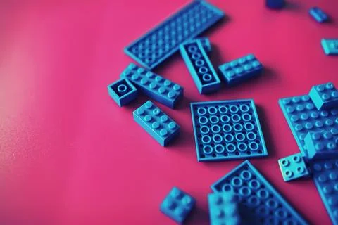 A scattering of constructor elements for children. Colored blue bricks from.. Stock Photos