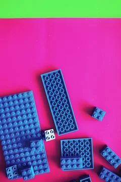 A scattering of constructor elements for children. Colored blue bricks from.. Stock Photos