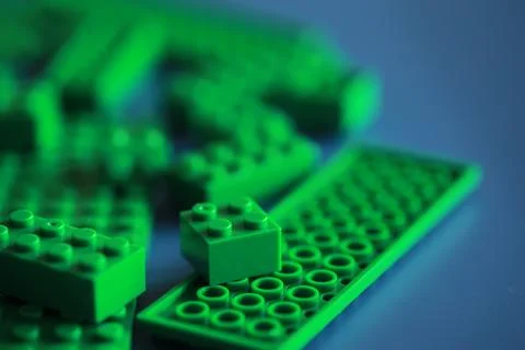 A scattering of constructor elements for children. Colored bricks from the .. 스톡 사진