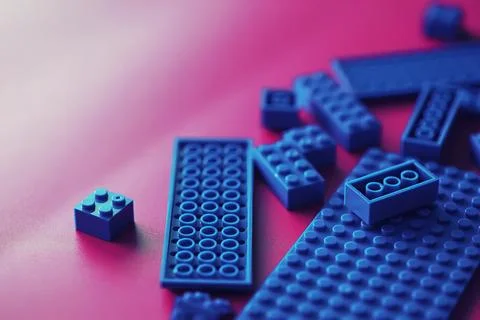 A scattering of constructor elements for children. Colored blue bricks from.. Foto stock