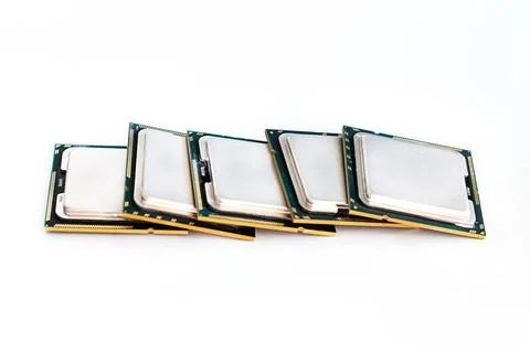 Scattering cpu processor chip on white isolated background 스톡 사진