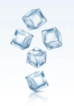 Scattering of crystal ice cubes realistic vector mockup illustration on white. Stock Illustration