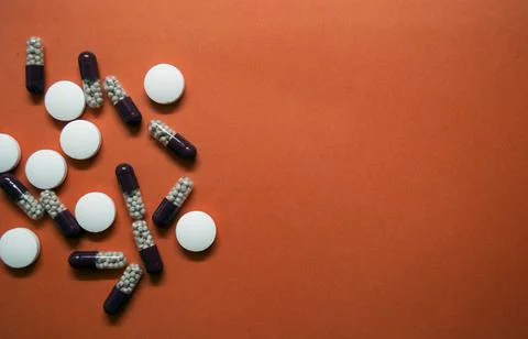 A scattering of different pills Stock Photos