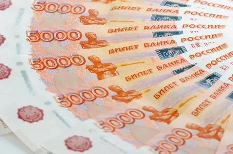 Scattering five thousandth banknotes Russia Stock Photos