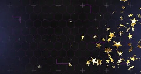Scattering gold star cluster flowing across honeycomb grid right, with purple Stock Illustration