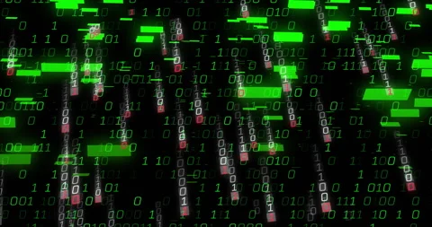 Scattering green digits initiating binary streams and bars speeding to visualize Stock Footage 310637901