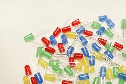 A scattering of LEDs. Multi-colored LEDs in bags. Electronic elements. Foto stock