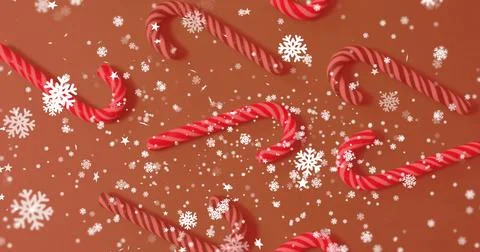 Scattering red white candy canes across warm brown table, with snowflakes and Ilustração Stock