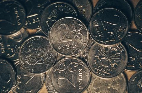 A scattering of Russian coins, with a face value of 2 rubles Stock Photos