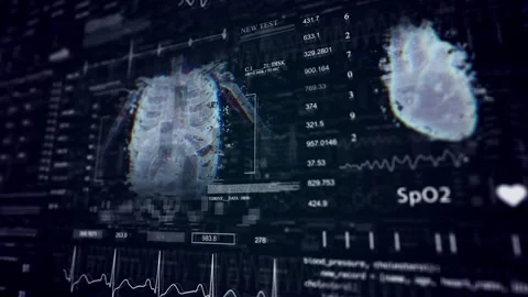 Sceleton MRI x ray Scan, 3D Animation.Heard rate monitor. Healthcare medical Stock Footage 253586610