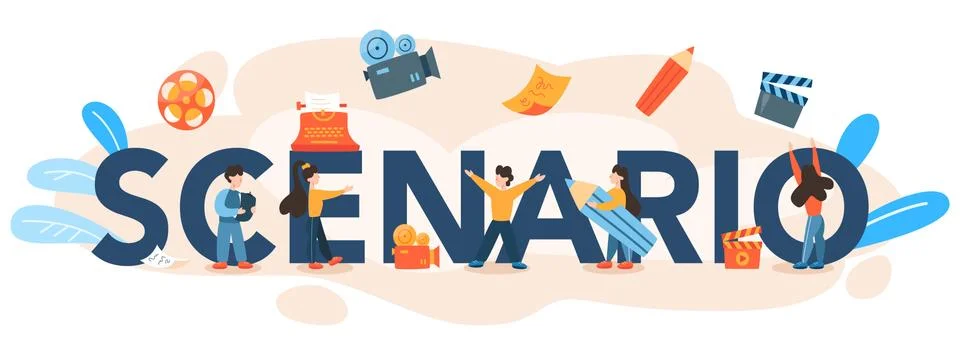 Scenario typographic header. Person create a screenplay for movie. Stock Illustration