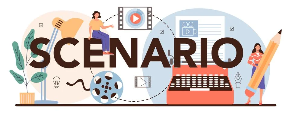 Scenario typographic header. Playwright create a screenplay for movie. Illustrazione stock