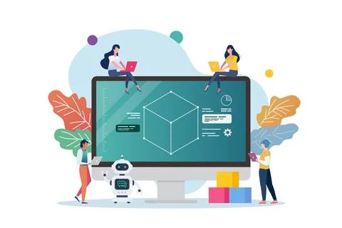 Scene of 3D modeling class illustration. Stock Illustration