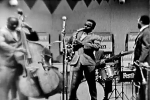 Scene of artists perform on stage during Newport Jazz Festival - 1960 Stock Footage 110936883