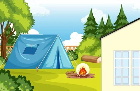 Scene of backyard with camp and campfire 스톡 일러스트