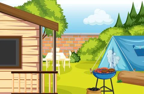 Scene of backyard with camp and campfire 스톡 일러스트