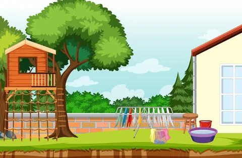 Scene of backyard with a fence 스톡 일러스트