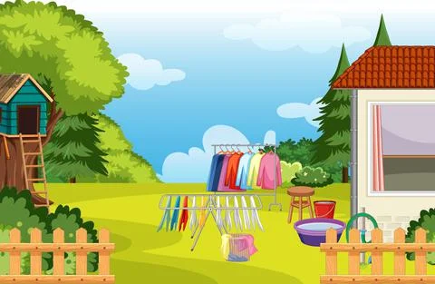Scene of backyard with a fence 스톡 일러스트