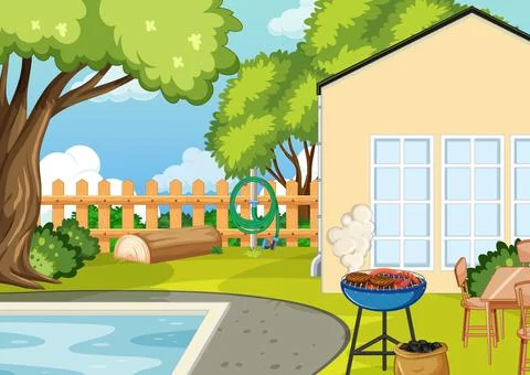 Scene of backyard with a fence 스톡 일러스트