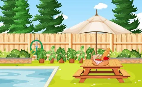 Scene of backyard with a fence Stock Illustration