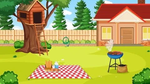 Scene of backyard with a fence 스톡 일러스트