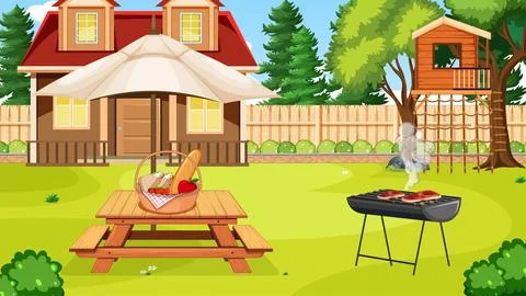Scene of backyard with a fence 스톡 일러스트
