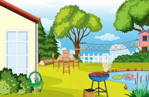 Scene of backyard with a fence 스톡 일러스트