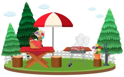 Scene with BBQ and lunch on the table in the park Stock Illustration