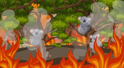 Scene with big wildfire in the forest Stock Illustration